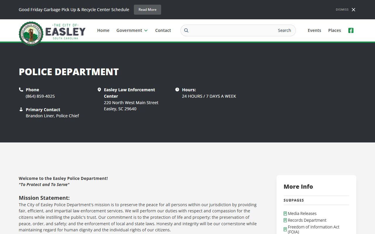 Easley Police Department resource for Easley criminal history