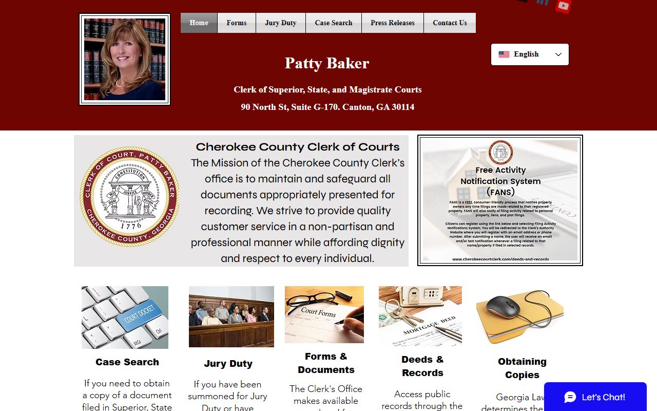 Cherokee County Clerk of Court website for criminal history records
