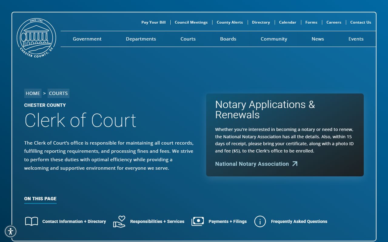 Chester County Clerk of Court website for criminal history records