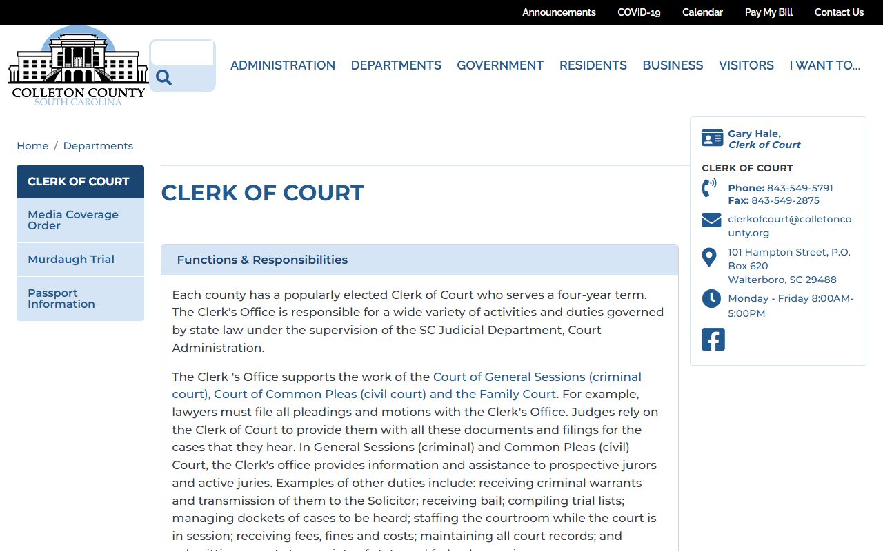 Colleton County Clerk of Court website for criminal history records