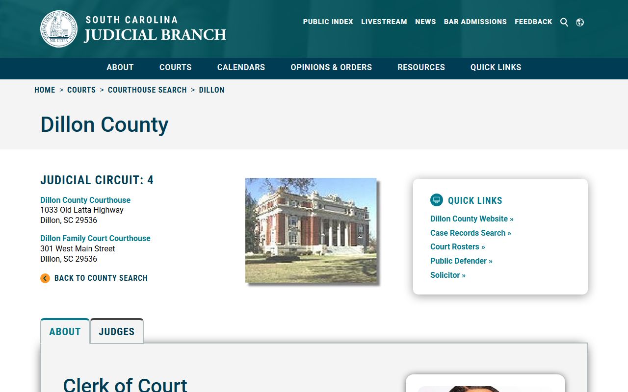 Dillon County Clerk of Court information from SC courthouse directory