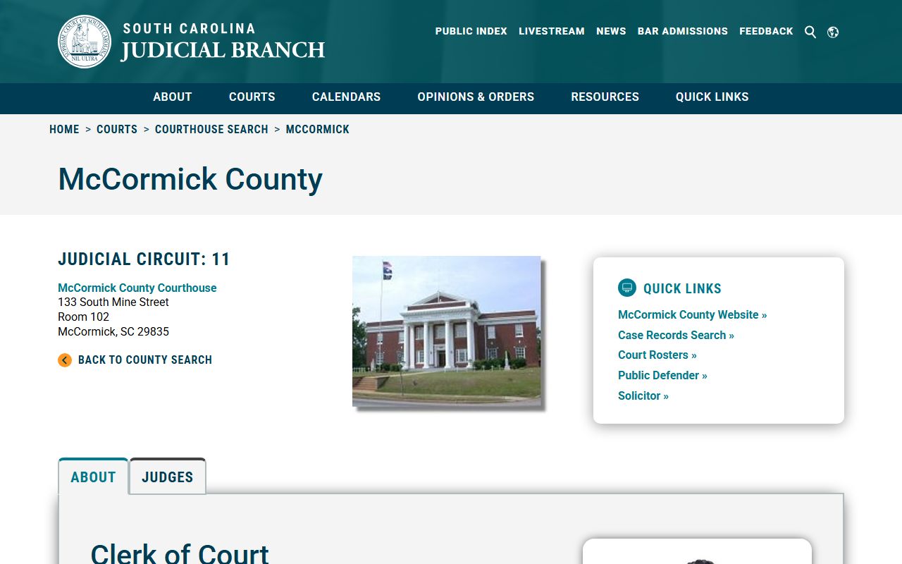 McCormick County Clerk of Court for McCormick County criminal history records