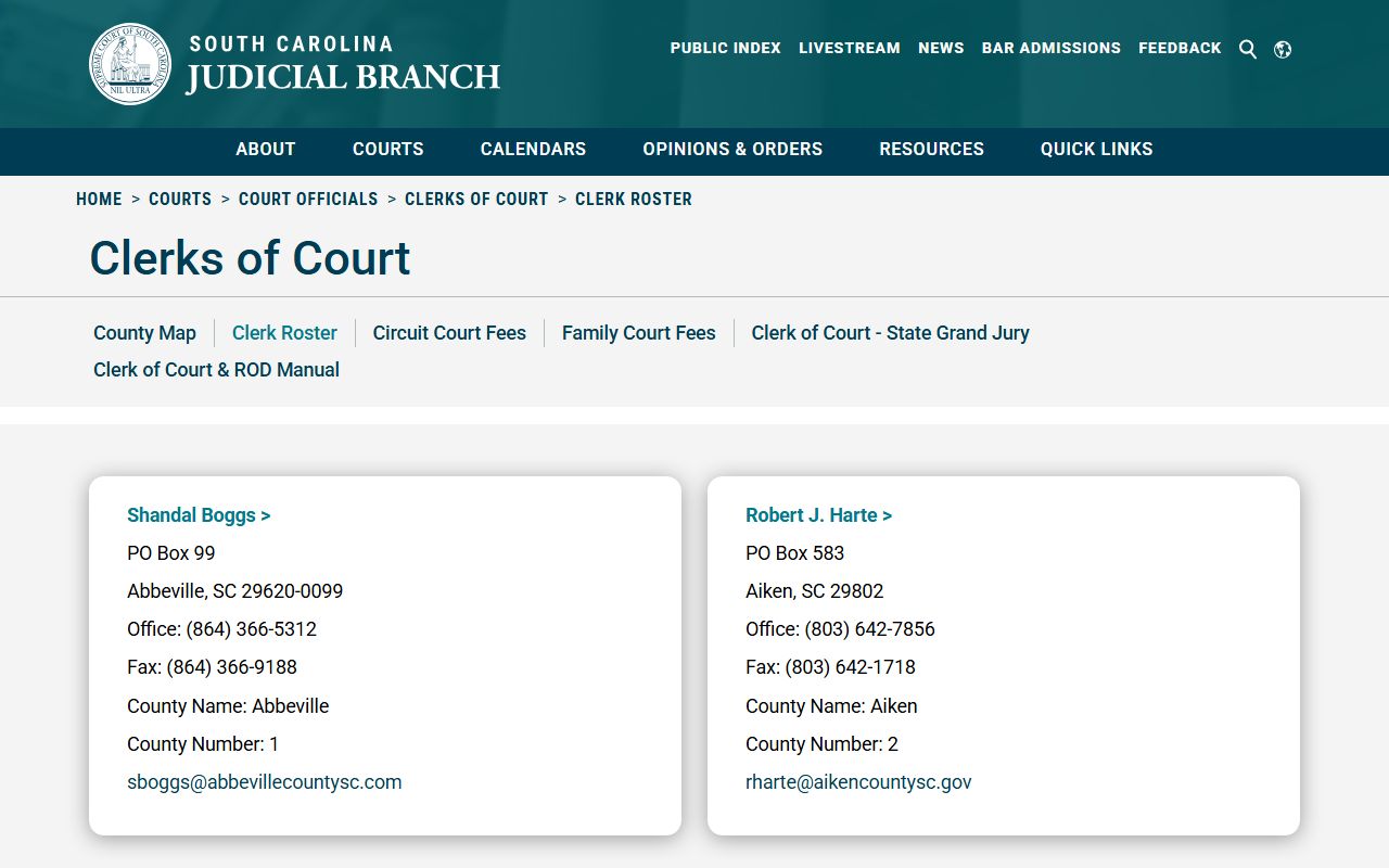 South Carolina clerk of court roster listing county clerks for criminal history case access