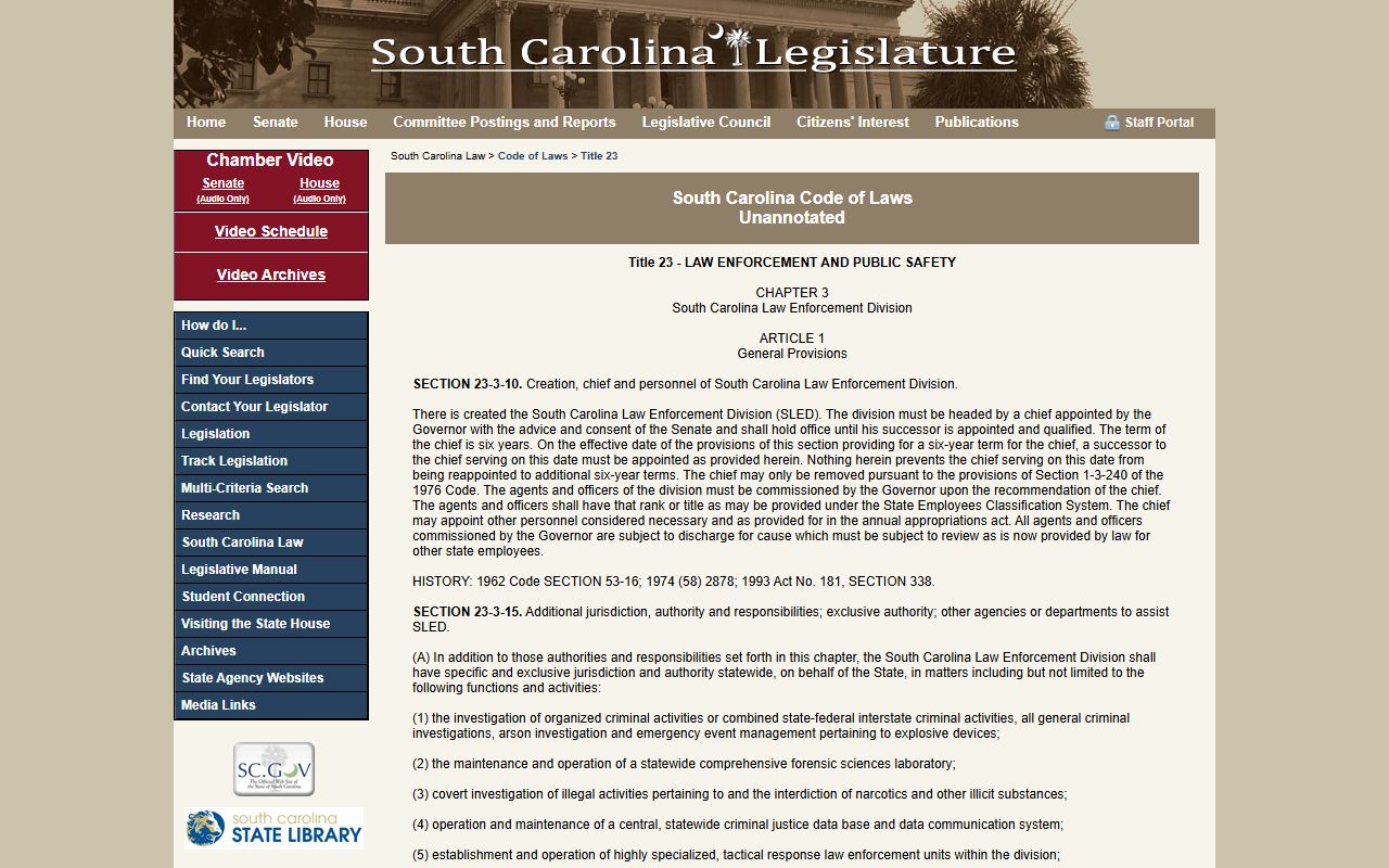 South Carolina Code Title 23 Chapter 3 governing SLED criminal history records and law enforcement duties