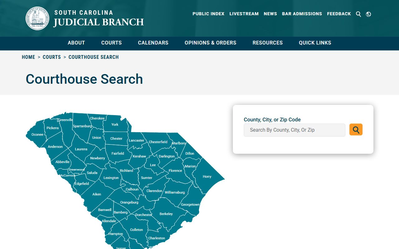 South Carolina courthouse directory search tool for locating county courts with criminal history records