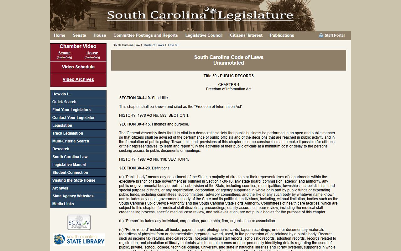 South Carolina FOIA statutes under Title 30 Chapter 4 governing public access to criminal history records