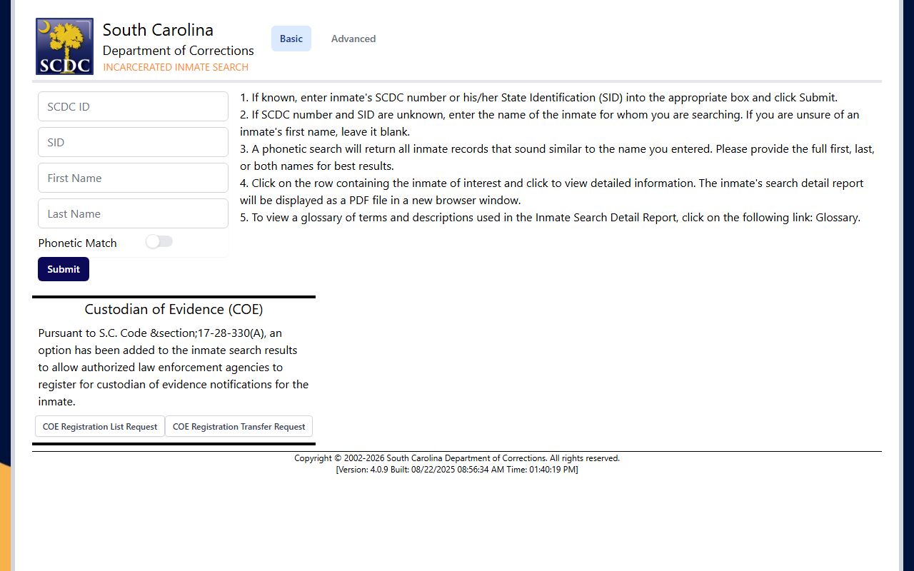 South Carolina Department of Corrections inmate search portal for criminal history and custody records