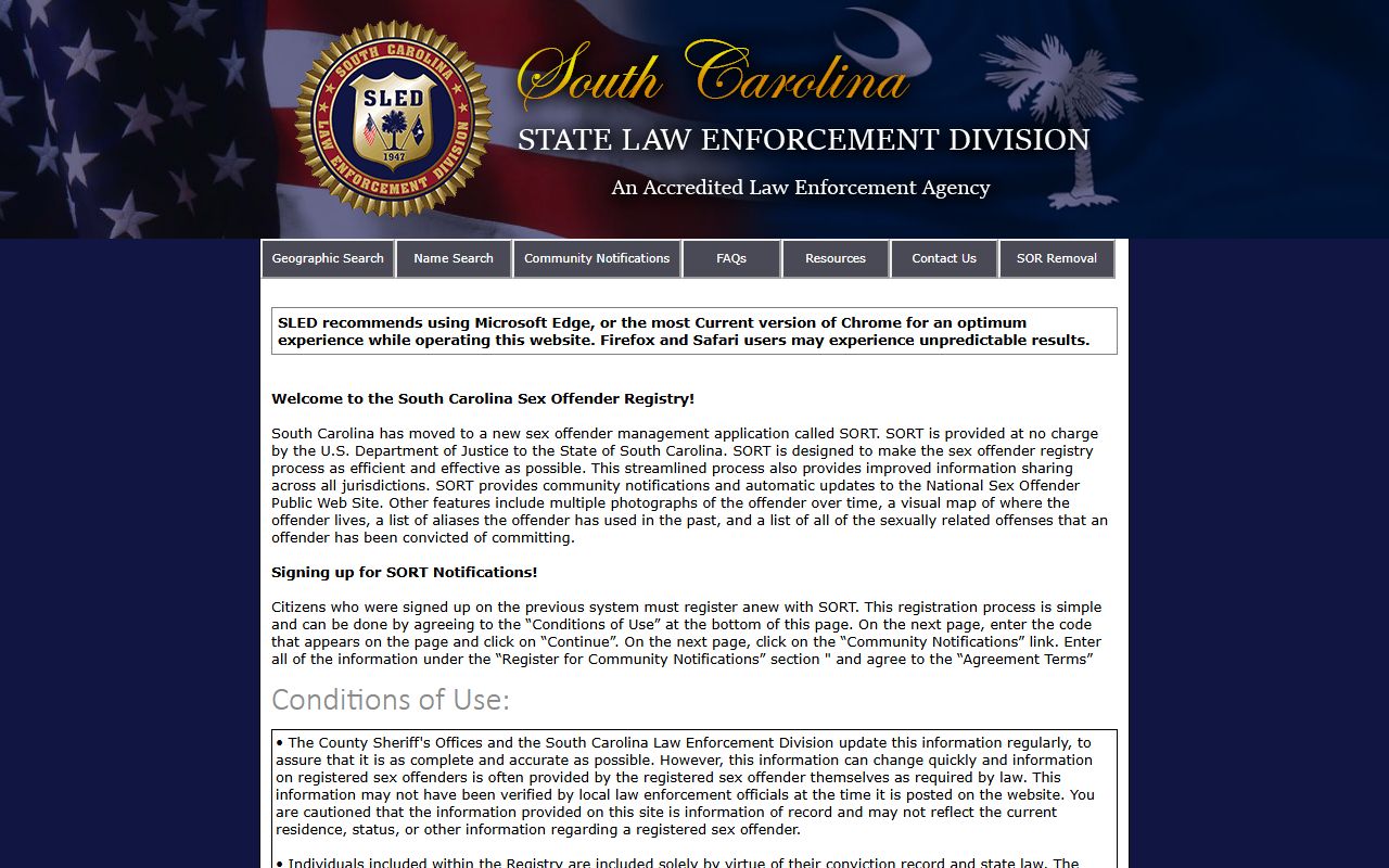 South Carolina sex offender registry SORT system maintained by SLED for public criminal history access