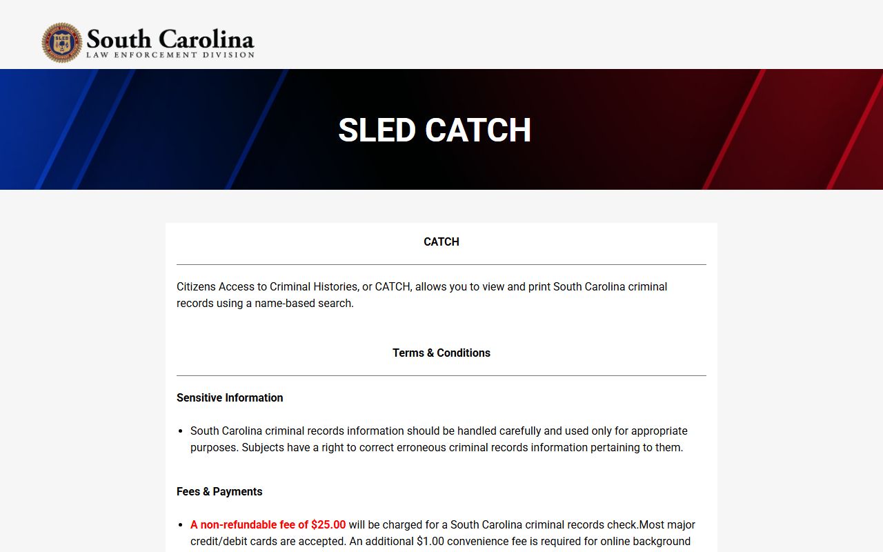 SLED CATCH system portal for South Carolina criminal history name-based searches