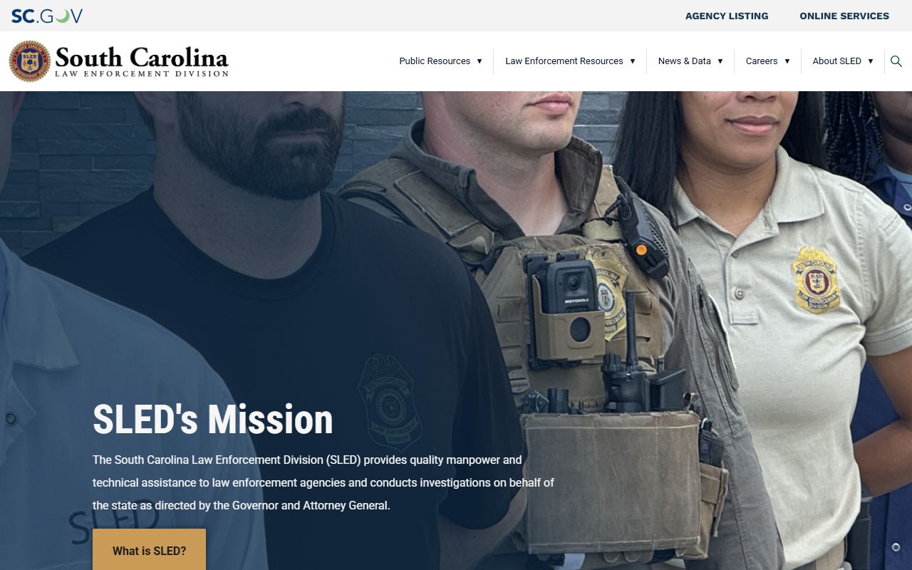 South Carolina Law Enforcement Division SLED homepage showing criminal history records agency overview