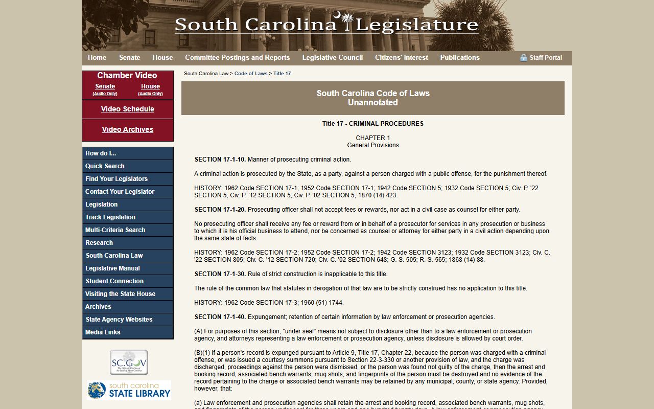 South Carolina expungement statutes under Title 17 Chapter 1 for clearing criminal history records